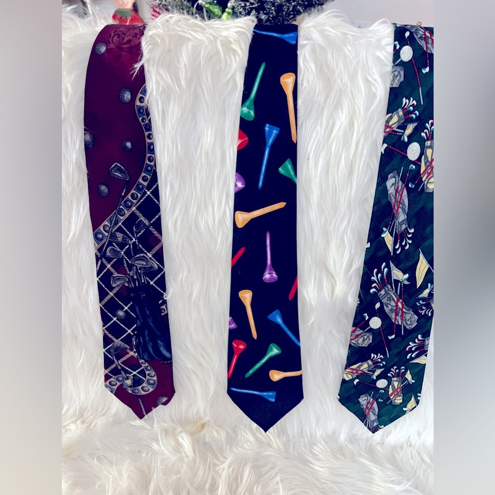 3 golf themed ties 
A. Rogers ~2 ~ 100% Polyester; Stafford~1 ~ 100% silk